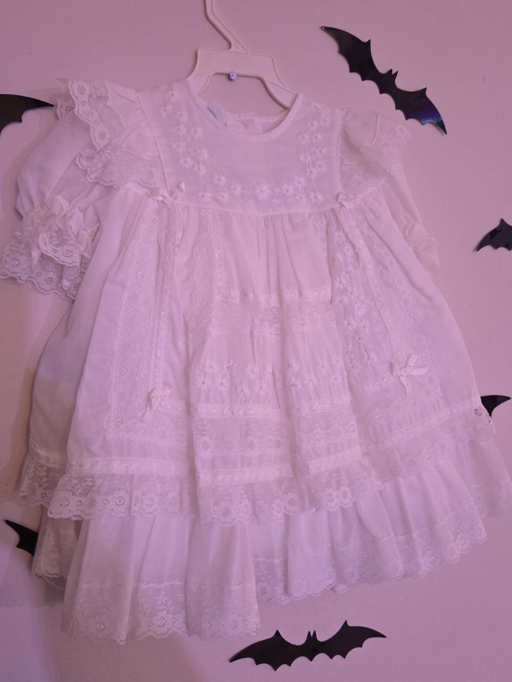 Vintage Royal Child White Lace Christening Dress Puff Sleeve Lined 18 Months